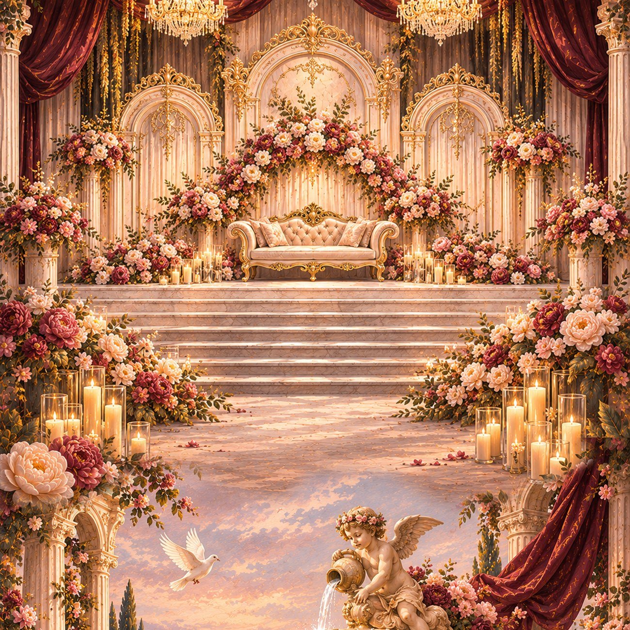 Ilustrasi aisle dengan arch dan rangkaian bunga